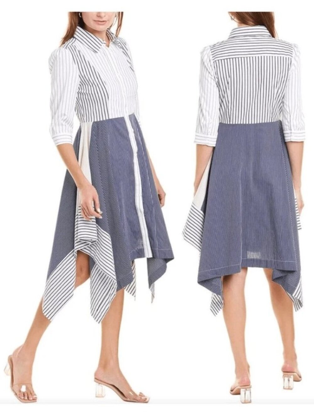 Gracia Midi Shirt Dress M Blue Tan White Stripe 3/4 Long Sleeve Washable NEW